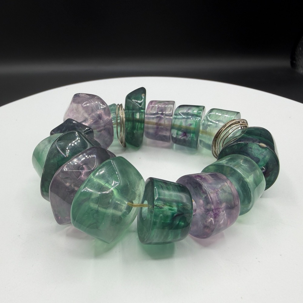 Green Purple Translucent Chunky Bead Stretch Bracelet Silver Tone Boho Y2K Gift